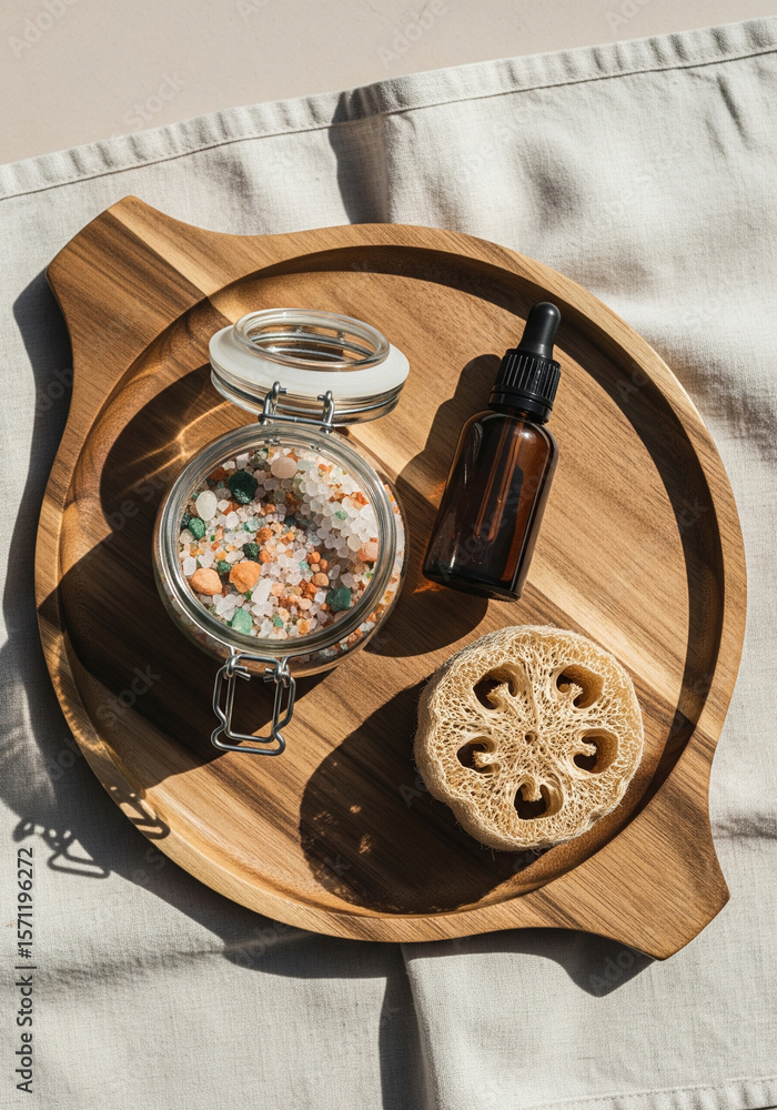 Fototapeta premium wooden tray with bath salt and essential oil on linen flat lay