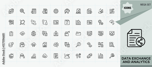 Data Exchange and Analytics icon set. Included cloud data, statistic, report, analysis, analytics and more. Information icon set in linear style. Modern vector UI icons. Art and illustration.
