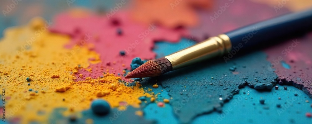 Fototapeta premium Artists Paintbrush and Palette Vibrant Oil Paints Ready for Creative Inspiration