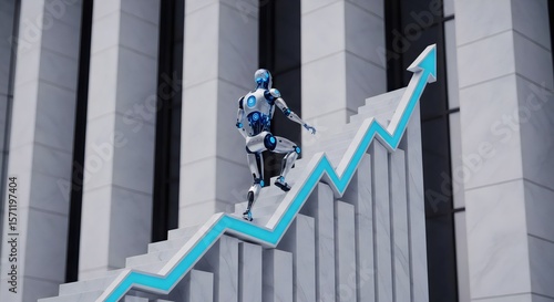 A robot ascends stairs shaped like an upward trending arrow
