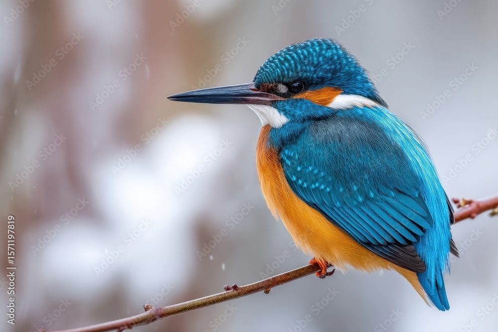 Fototapeta premium A common kingfisher perches on a slender reed branch in winter Close up shot