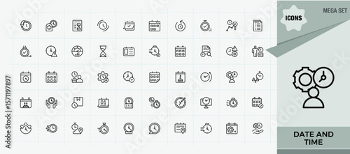 Date And Time icon collection. Thin linear style icons. Containing day, alarm, countdown, time, stopwatch, watch. Pictogram and infographic. Schedule line icon set.