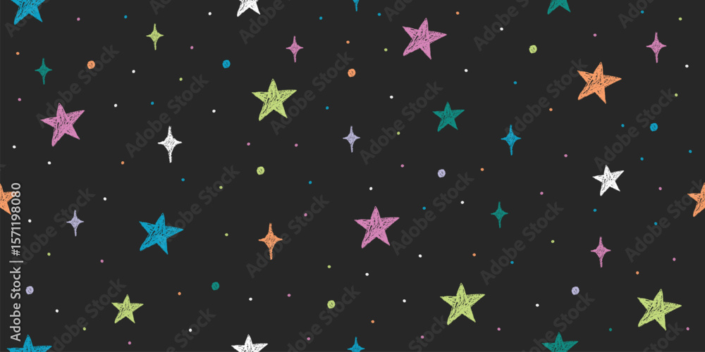 Fototapeta premium Chalk stars seamless pattern. Starry Christmas night sky with pastel hand drawn color crayon stars on dark background. Vector magic space or universe sketch texture for childish nursery wallpaper