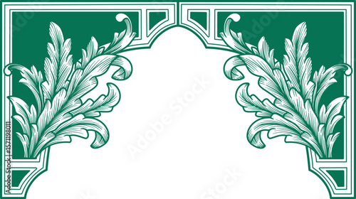 Arabic arabesque border vector graphic element. Islamic arc decoration with baroque floral ornament. Art deco frame decorative ornamental vector illustration