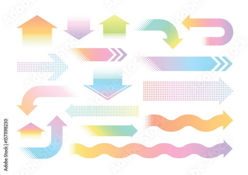 Halftone arrows. Colorful pastel gradient arrows in various directions. Abstract flow, process, navigation and infographic elements with halftone texture for UI, presentations. Isolated vector set