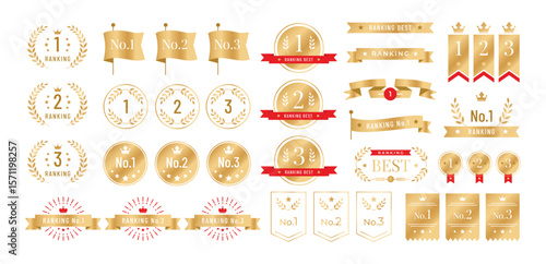 Ranking icon. Golden ranking badges and banners with number 1, 2 and 3 champion ranks. Trophy award winner labels for premium tournament, achievement, competition, product quality. Vector elements