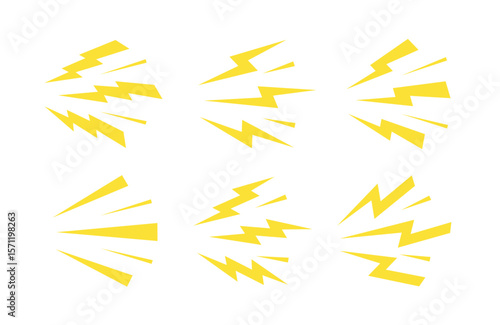 Thunderbolt shock cartoon icons. Yellow lightning burst, shouting, noise and loud sound symbols. Energetic comic electric flashes for action, power, speed, and danger effects. Isolated vector set