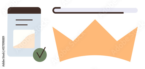 Crown symbol for leadership, swipe bar for accessibility, report document with approval mark. Ideal for business, authority, decision-making, management, UIUX design inclusivity success. Minimal