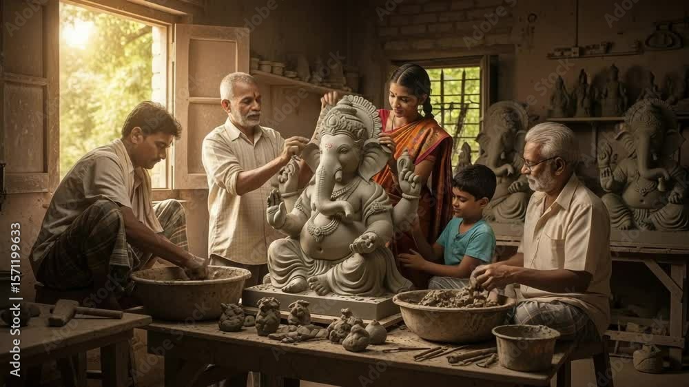Artisan family collaborates in rural workshop to create an elaborate Ganesh statue for festival celebrations Artisan family collaborates in rural workshop to create an elaborate Ganesh statue for festival celebrations