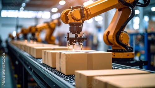 Automated assembly line with robotic arms stacking boxes