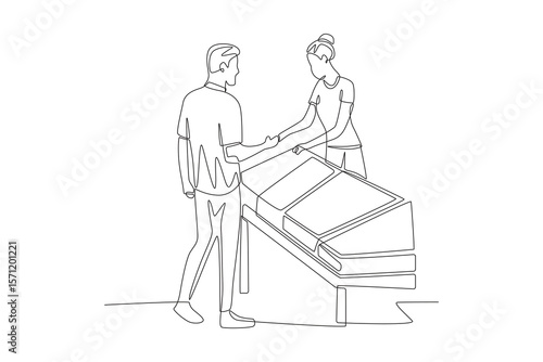 Traders and buyers are transacting at the kiosk. Food markets concept one-line drawing