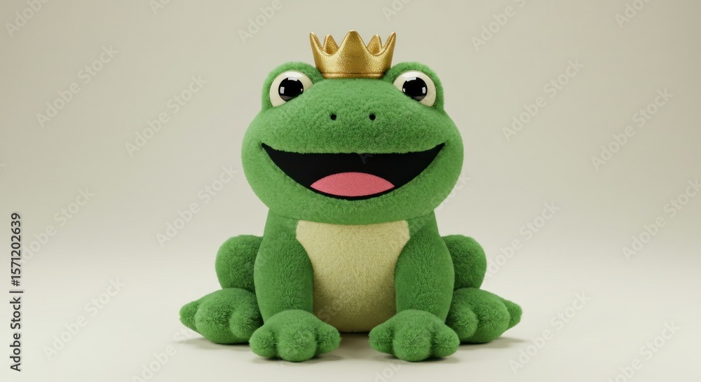 Fototapeta premium Cute, plush green frog wearing golden crown