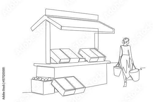 Female shoppers approach food stalls. Food markets concept one-line drawing