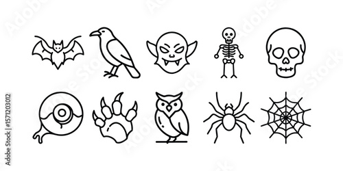 Halloween Icon Set – Spooky Creatures & Insects, Silhouette & Line Art Vector Bundle