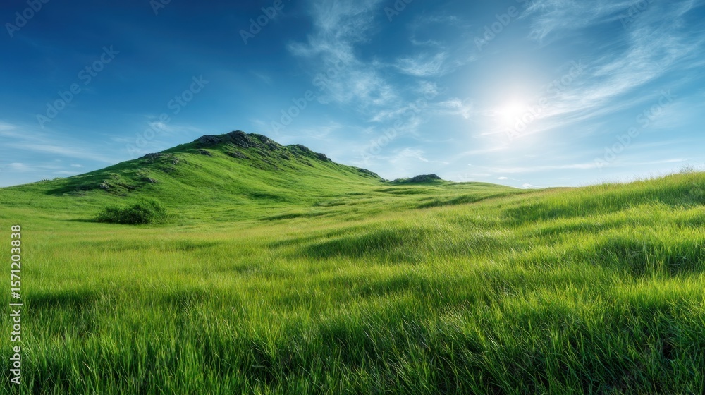 Fototapeta premium Lush green meadow stretches to a sunlit hill