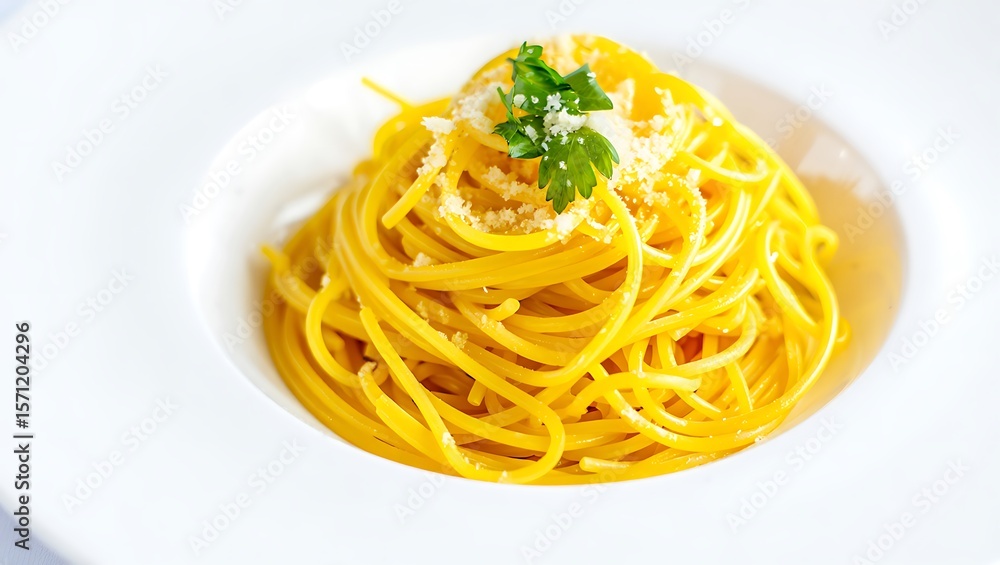 Close up shot of spaghetti pasta with parmesan cheese and parsley in a white bowl on a white surface Close up shot of spaghetti pasta with parmesan cheese and parsley in a white bowl on a white surface