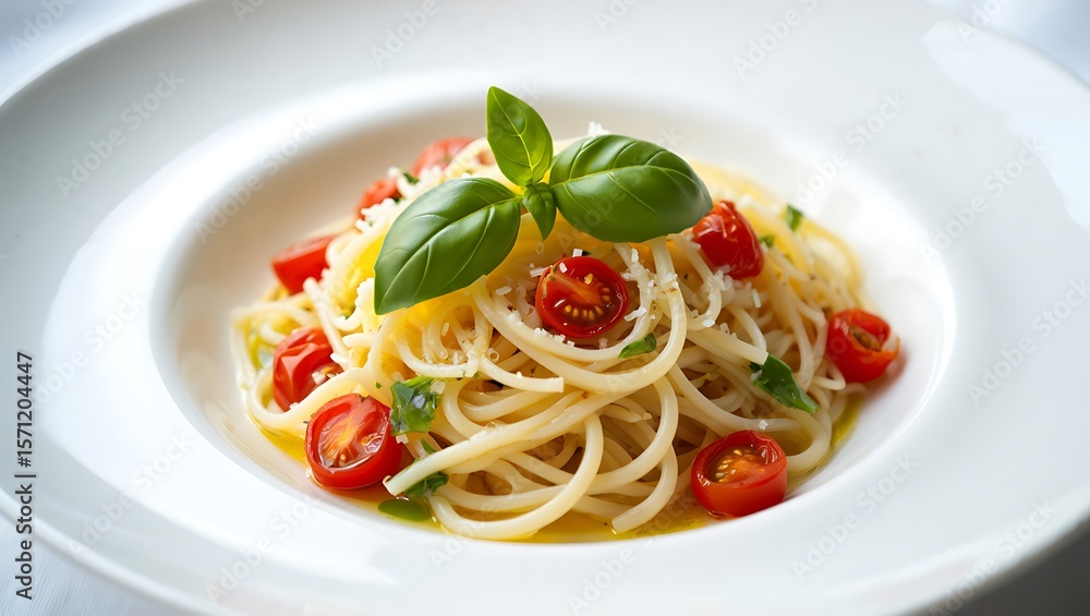 A plate of spaghetti with cherry tomatoes basil and parmesan cheese on a white plate close up view A plate of spaghetti with cherry tomatoes basil and parmesan cheese on a white plate close up view