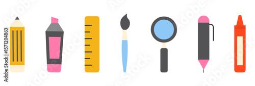 set of colourful icons of school and education supplies. stationery office supply. back to school vector collection	