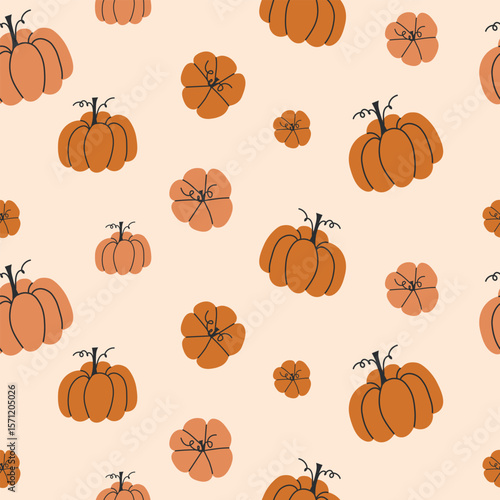 Seamless pattern of hand drawn orange pumpkins in various sizes on a soft beige background in a fall harvest style