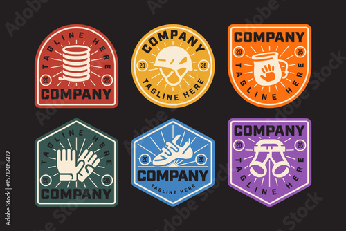 climbing ropes, helmet, chalk bag, gloves, shoes, seat harness retro badge logo vector design collection set for climbing, sport, adventure, explorer, mountaineering, climber, cruiser, traveler