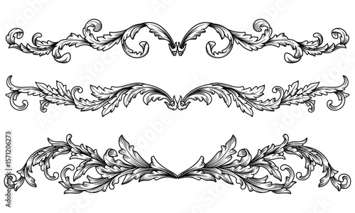  Set Classic Baroque Decoration Ornament Vector Illustration. Crest or filigree scroll heraldic, Victorian damask border frame hand drawn engraving design. Renaissance, vine rococo ornamental