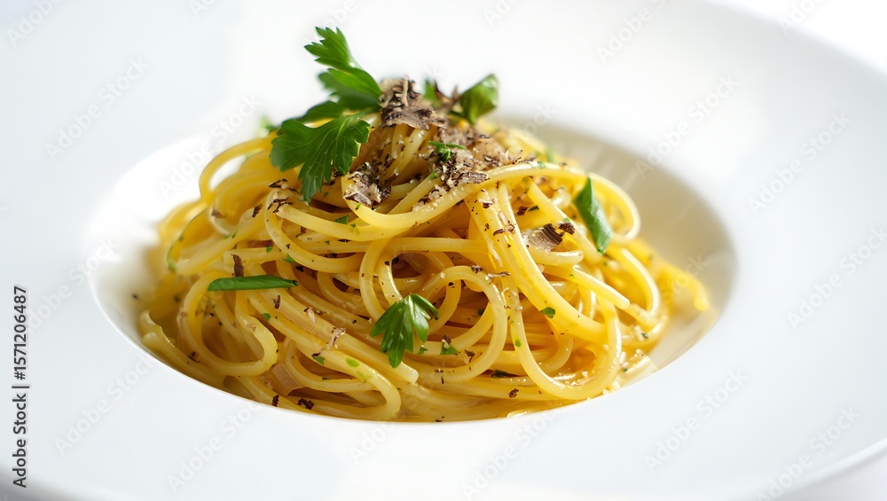 Close up of spaghetti with parsley and truffle shavings served on a white plate in soft lighting Close up of spaghetti with parsley and truffle shavings served on a white plate in soft lighting