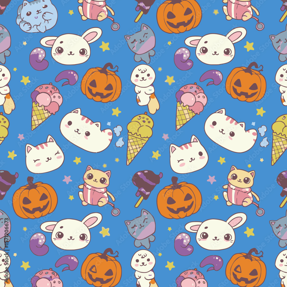 Fototapeta premium Cute kawaii Halloween pattern featuring smiling pumpkins, bunnies, cats, and ice cream cones on a blue background.