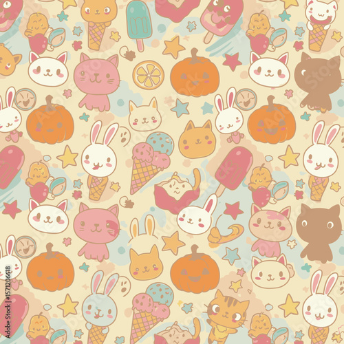 A whimsical, colorful pattern featuring adorable cartoon cats, bunnies, ice cream, and pumpkins arranged on a soft, textured background, creating a playful design.