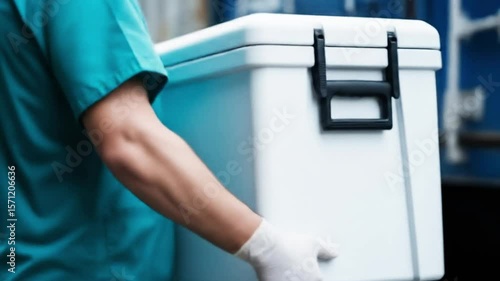 A person carries a white cooler box, representing the transport of medical samples, vaccines, or organ donations for healthcare