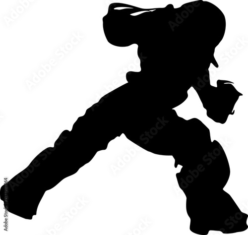 Silhouette of futuristic armored warrior in a sci-fi exosuit in powerful fighting stance. The dynamic pose reflects strength, discipline, and action, ideal for sports, fitness, or combat themes.