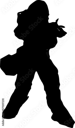 Silhouette of futuristic armored warrior in a sci-fi exosuit in powerful fighting stance. The dynamic pose reflects strength, discipline, and action, ideal for sports, fitness, or combat themes.