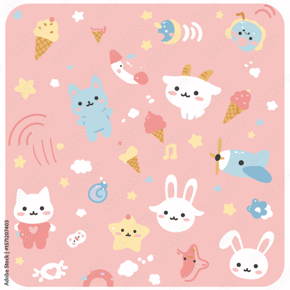 A delightful seamless pattern features an array of cute pastel cartoon animals, stars, and ice cream treats scattered across a soft pink background, perfect for kids. A delightful seamless pattern features an array of cute pastel cartoon animals, stars, and ice cream treats scattered across a soft pink background, perfect for kids.