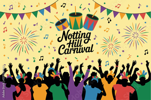Notting Hill Carnival scene, dance silhouettes with fireworks and confetti, colorful celebration backdrop, music festival vector