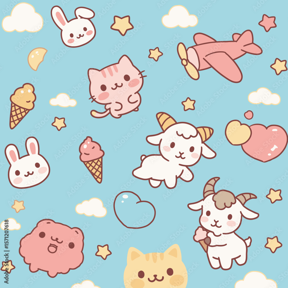Fototapeta premium Adorable kawaii pattern featuring cute cartoon animals like bunnies, cats, and goats, plus ice cream, airplanes, hearts, clouds, and stars on blue.