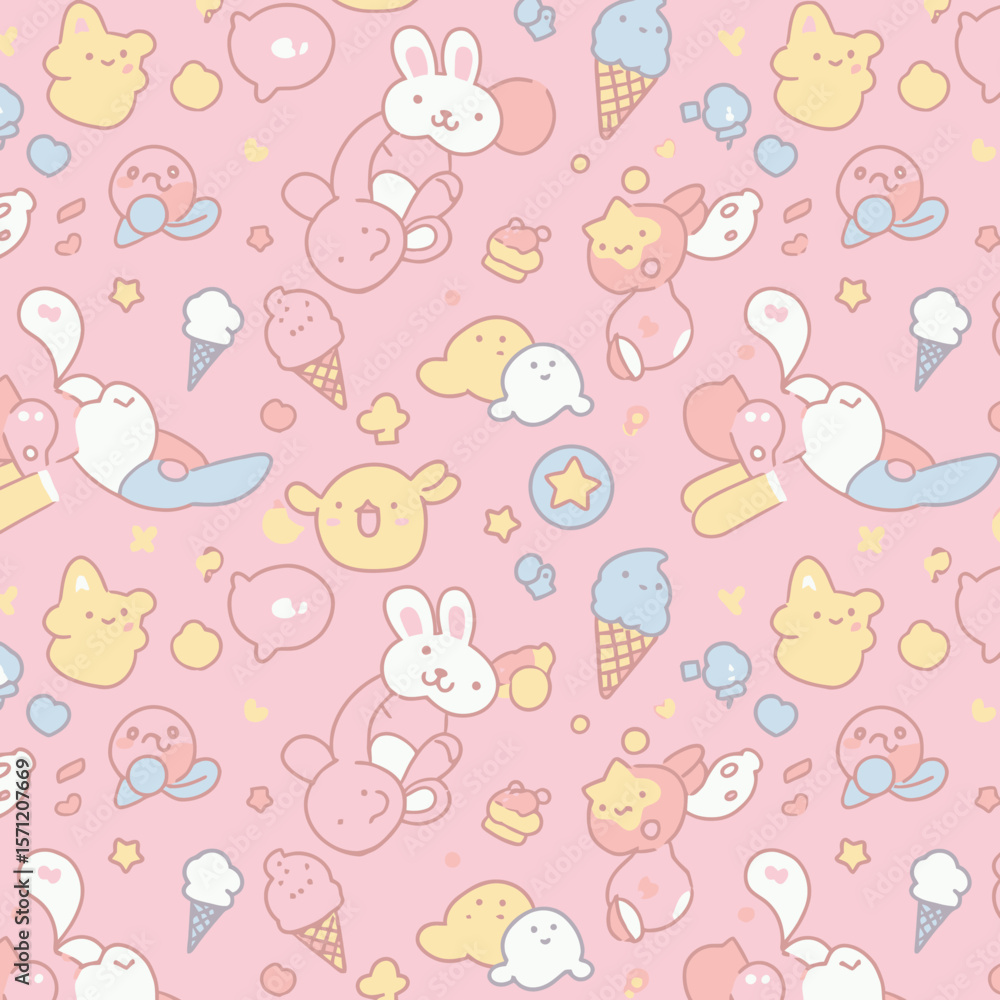 Charming pastel pattern featuring cute kawaii characters like bunnies, stars, and ice cream on a soft pink background. Charming pastel pattern featuring cute kawaii characters like bunnies, stars, and ice cream on a soft pink background.