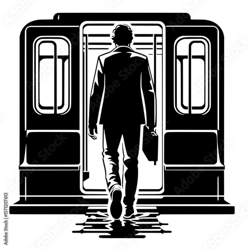Black and White Vector Silhouette of a Man Boarding Train