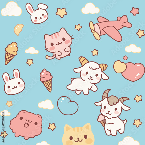 Adorable kawaii pattern featuring cute cartoon animals like bunnies, cats, and goats, plus ice cream, airplanes, hearts, clouds, and stars on blue.