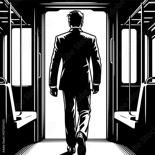 Black and White Vector Silhouette of a Man Boarding Train