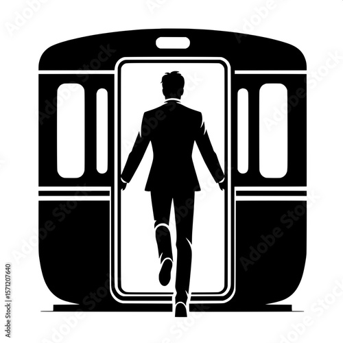 Black and White Vector Silhouette of a Man Boarding Train