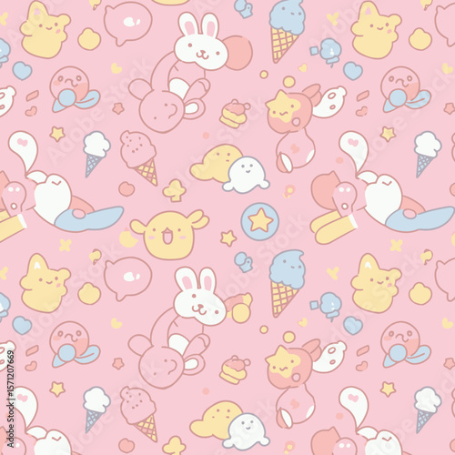 Charming pastel pattern featuring cute kawaii characters like bunnies, stars, and ice cream on a soft pink background.