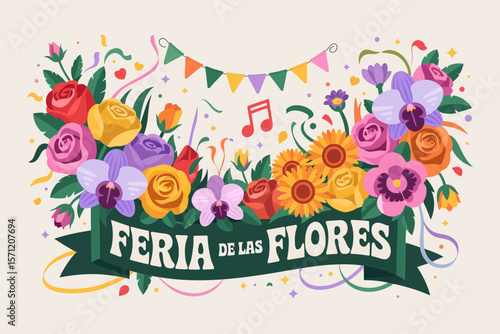 Feria de las Flores banner with colorful roses, festive bunting, music notes, traditional Colombian flower festival vector design  