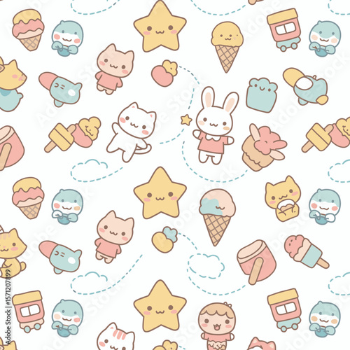 Adorable Kawaii characters including cats, stars, ice cream, and bunnies in a playful, seamless pattern.