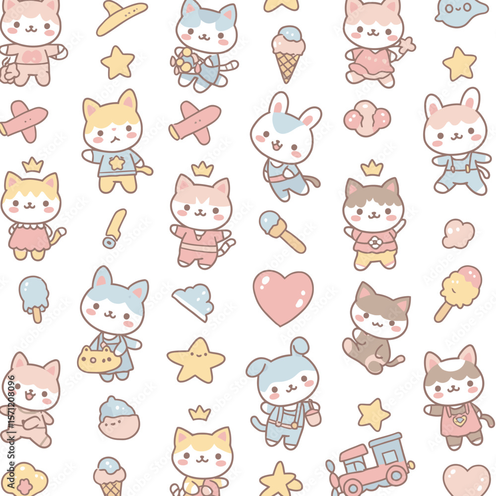 Adorable kawaii cartoon cats and bunnies in pastel colors, adorned with crowns and holding ice cream. Adorable kawaii cartoon cats and bunnies in pastel colors, adorned with crowns and holding ice cream.
