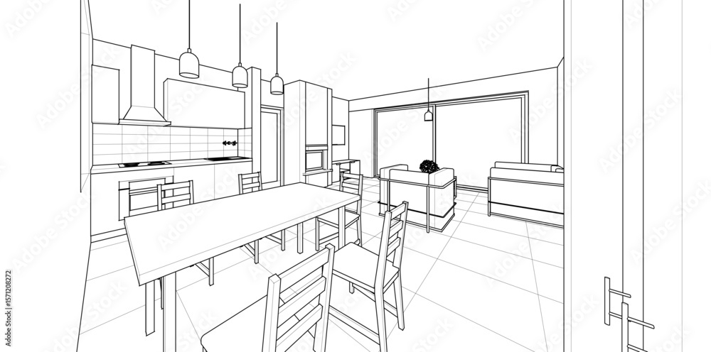 Fototapeta premium interior kitchen living room 3d illustration