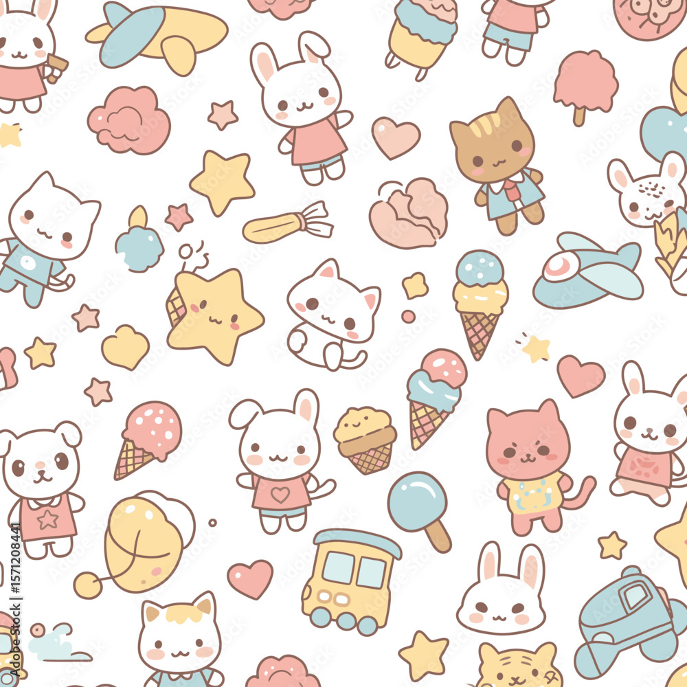Fototapeta premium Adorable kawaii cartoon characters including cats, bunnies, and ice cream cones in a playful, pastel-colored pattern.