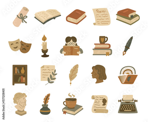 Literature themed object set in scandinavian style with books, scrolls, poetry pages, pen, candle, drama masks, bust, bookshelf and accessories for educational illustration