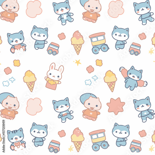 A charming seamless pattern featuring adorable pastel cartoon cats, bunnies, and babies alongside ice cream cones and toy trains on a white background.