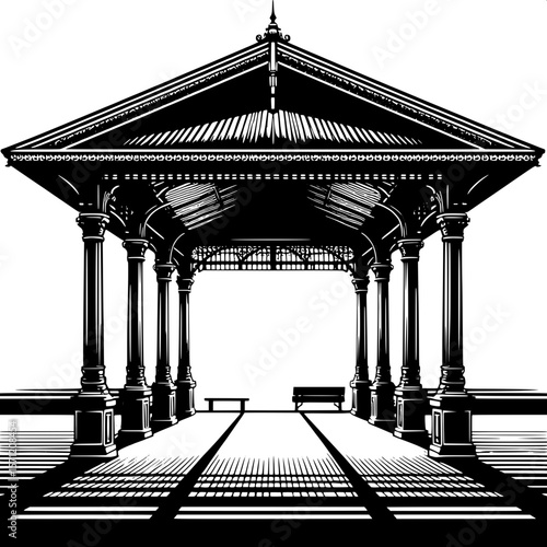 Black and White Vector Silhouette of a Train Platform Roof Structure