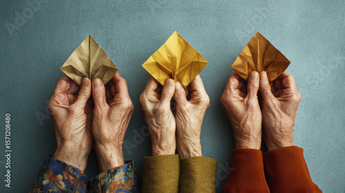 Three elderly hands holding folded paper fortune teller, symbolizing wisdom and tradition, with warm colors and textured skin showing age and experience