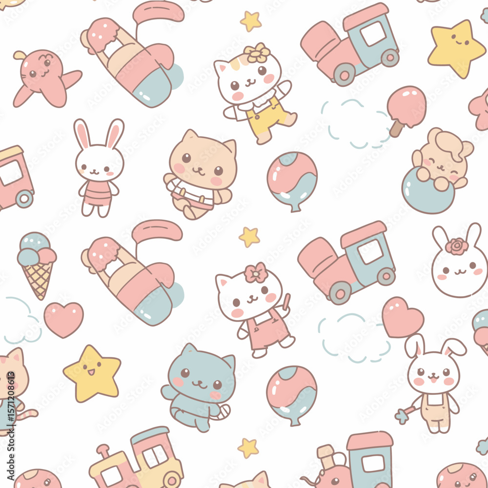 Obraz premium Cute kawaii cartoon pattern featuring playful animals, toys, and sweet treats on a white background, perfect for children's designs.